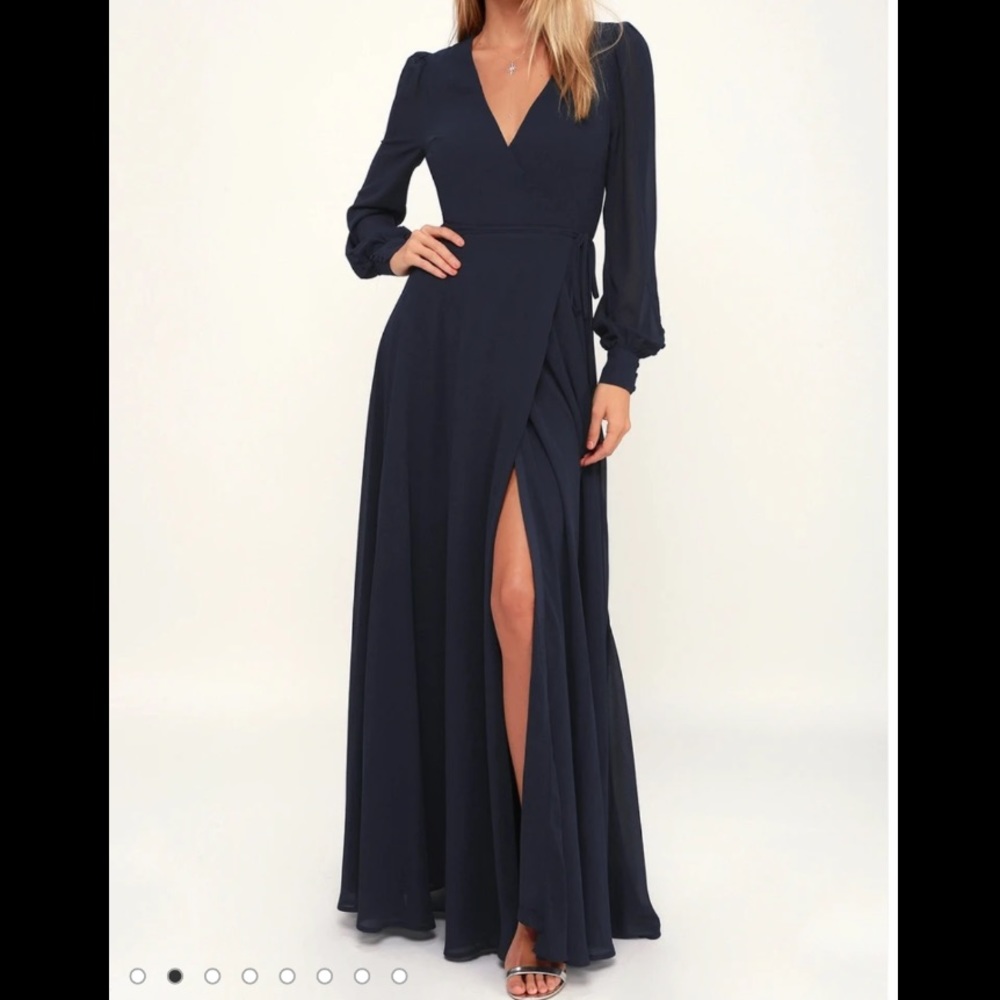 LULU’s Dark Navy Blue Long Sleeve Wrap Dress